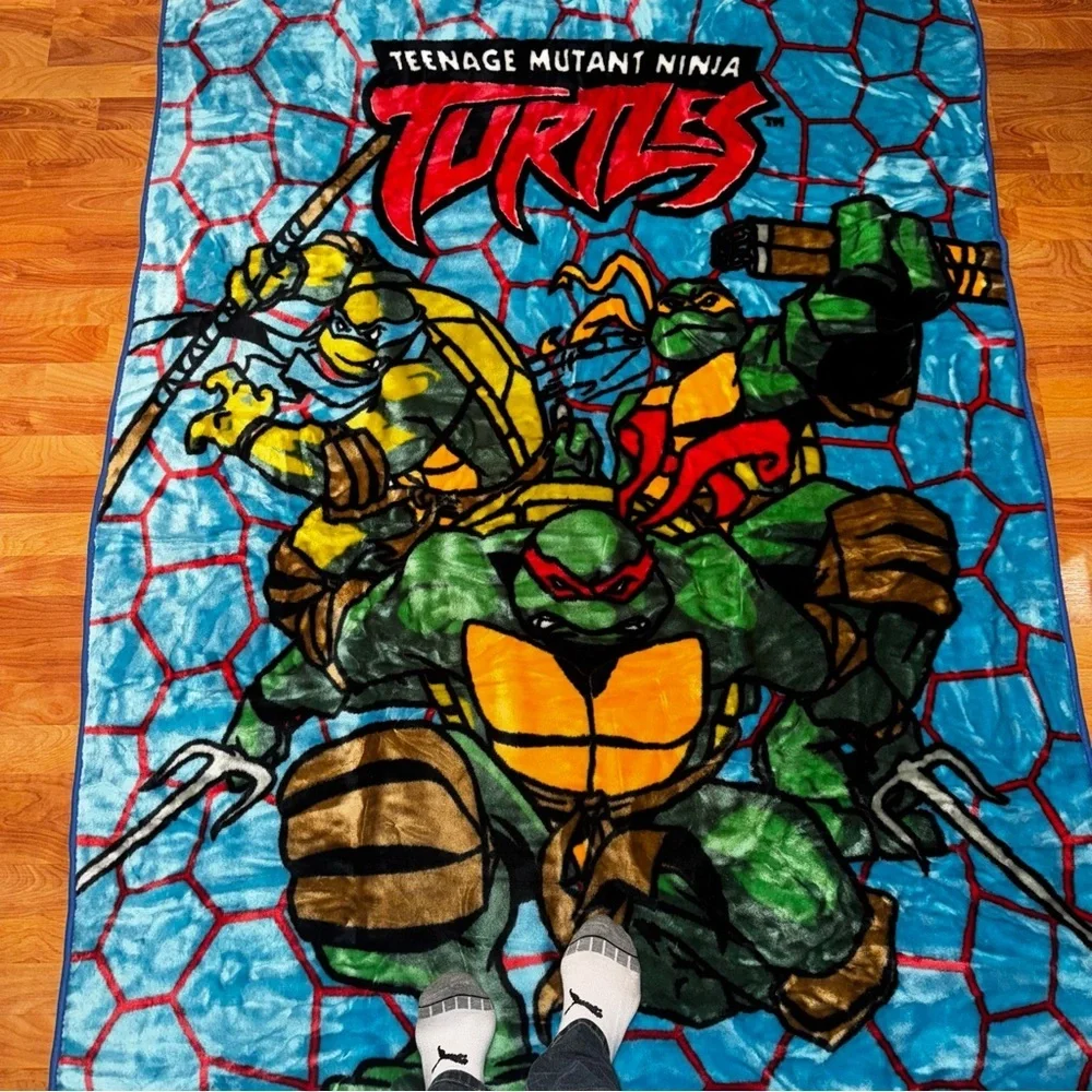 Rare TMNT Blanket Soft All Over Print Double Sided 85” x 56” Large 3 Turtles!